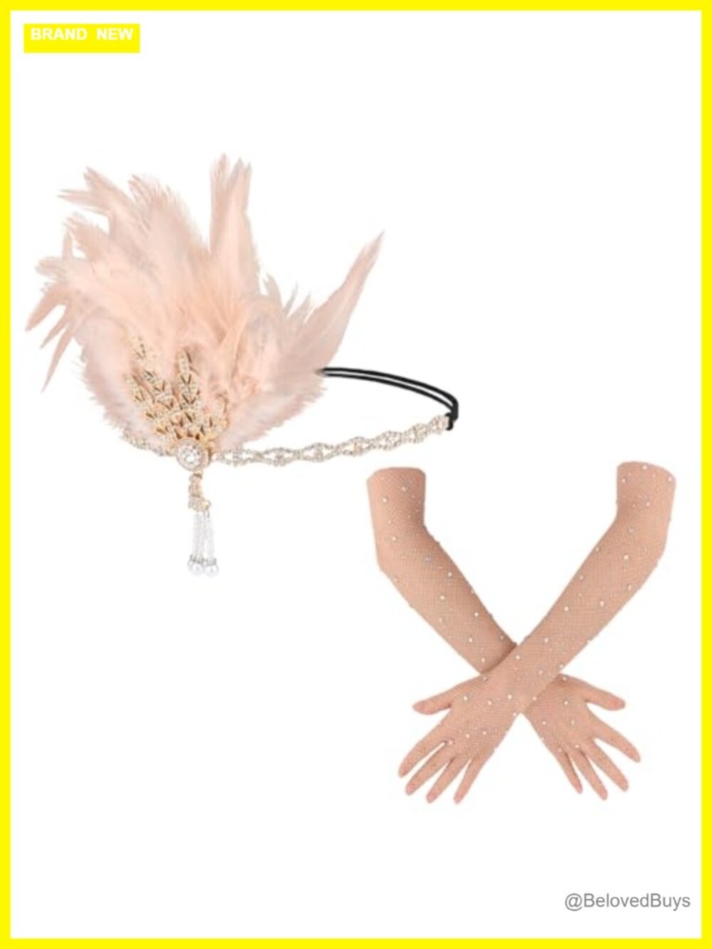 1920s Flapper Headband & Gloves Set Beaded Rhinestone Costume Accessories